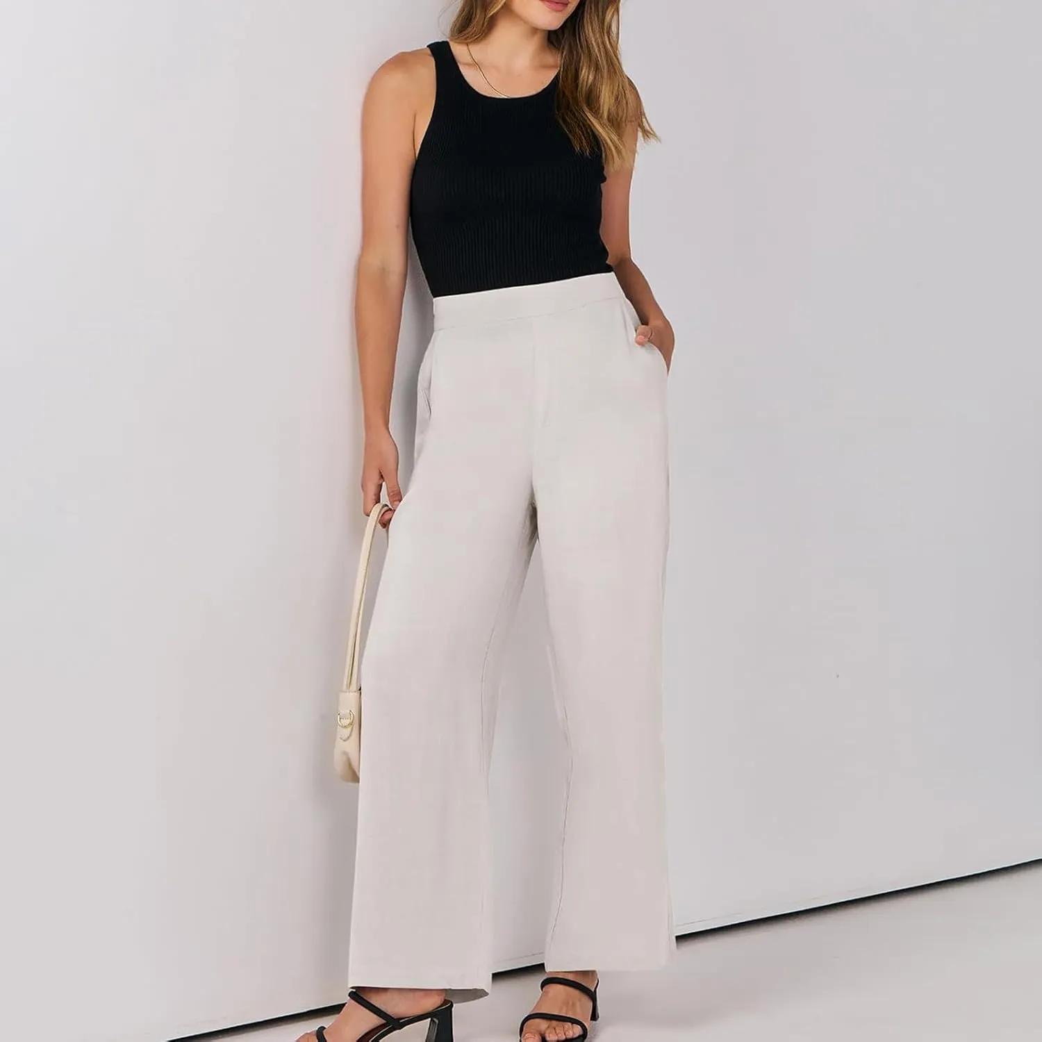 High Waisted Work Pants Women Linen Wide Leg Pants Elastic Waist Business Casual Dress Pants Baggy Summer Trousers