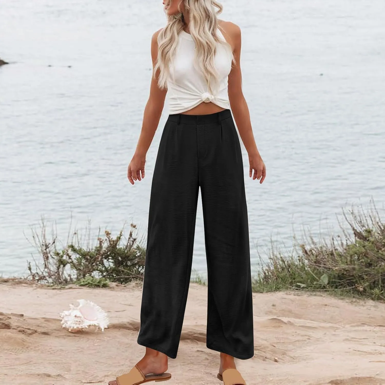 hlysgo Women's Palazzo Pants 2025 Summer Casual Vacation High Waist Wide Leg Beach Trousers Trendy Lounge Pants with Pockets