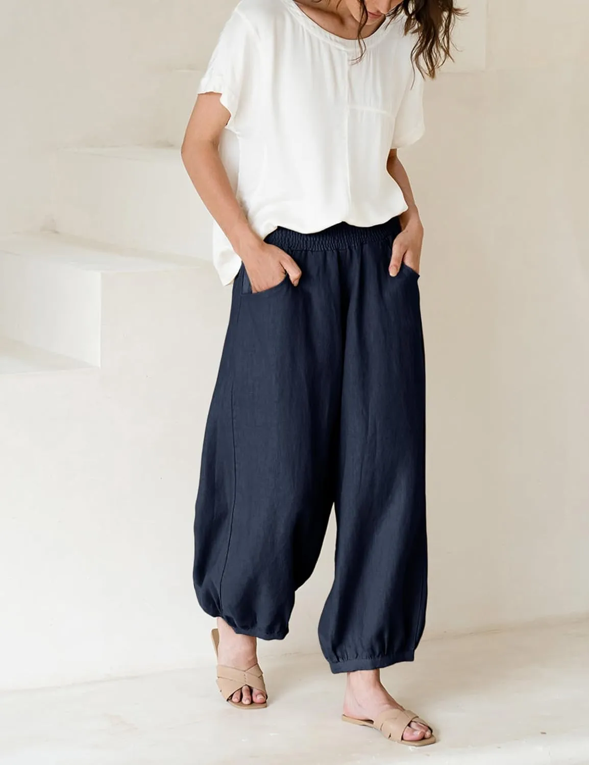 Hooever Women's Cotton Linen Pants Summer High Waisted Wide Leg Palazzo Pant Flowy Beach Trousers