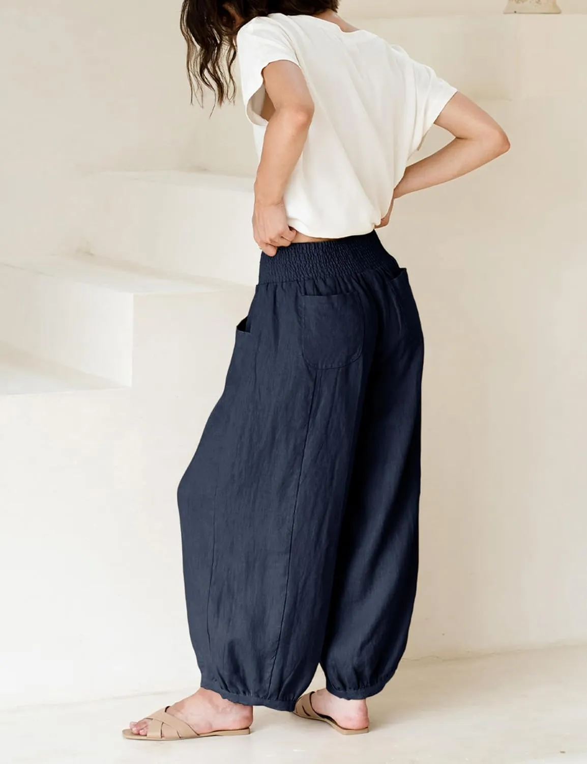 Hooever Women's Cotton Linen Pants Summer High Waisted Wide Leg Palazzo Pant Flowy Beach Trousers