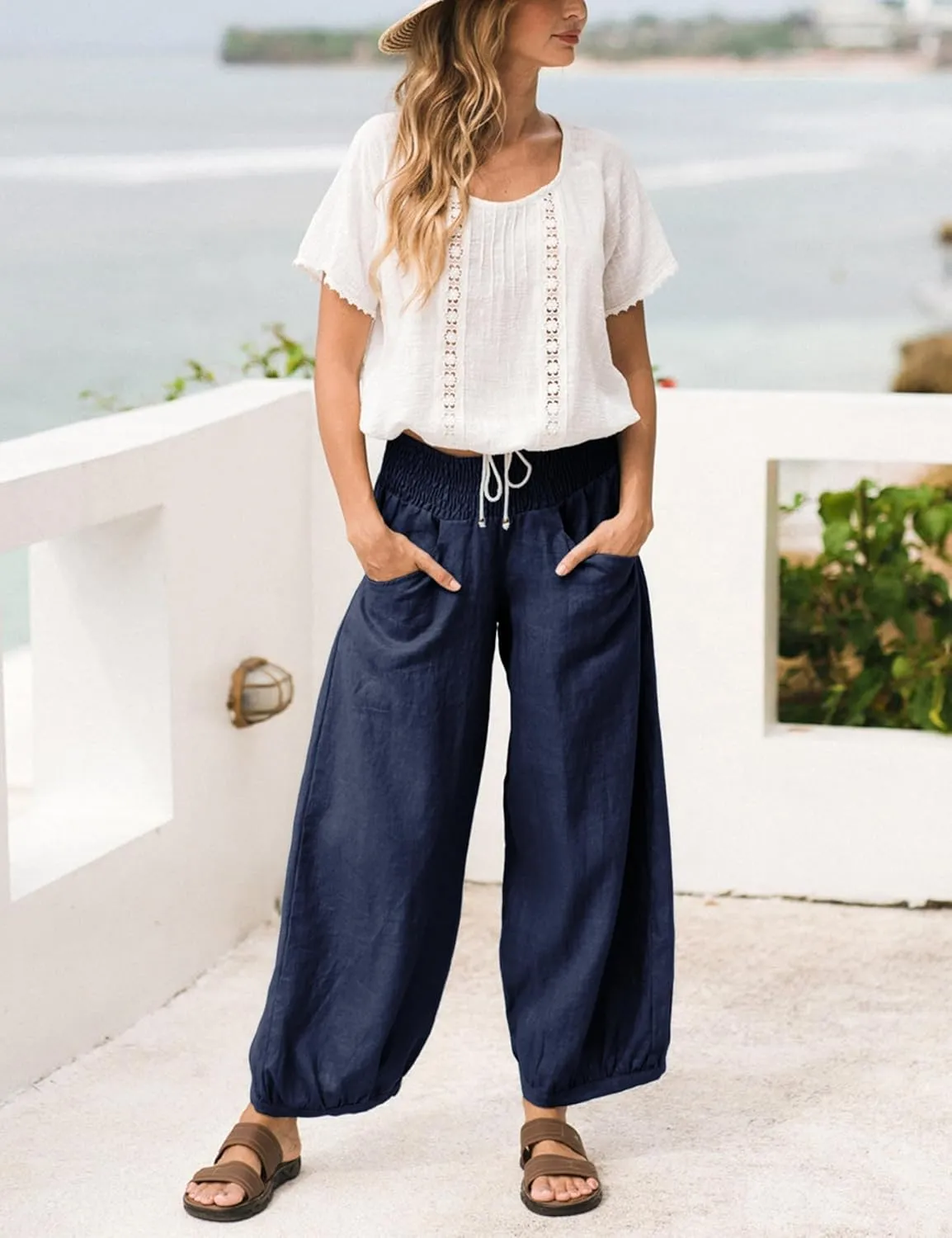 Hooever Women's Cotton Linen Pants Summer High Waisted Wide Leg Palazzo Pant Flowy Beach Trousers