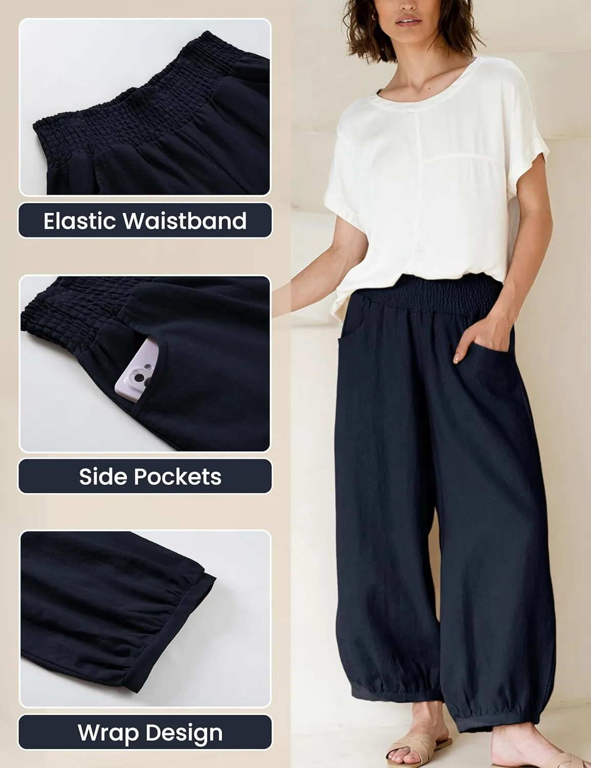 Hooever Women's Cotton Linen Pants Summer High Waisted Wide Leg Palazzo Pant Flowy Beach Trousers