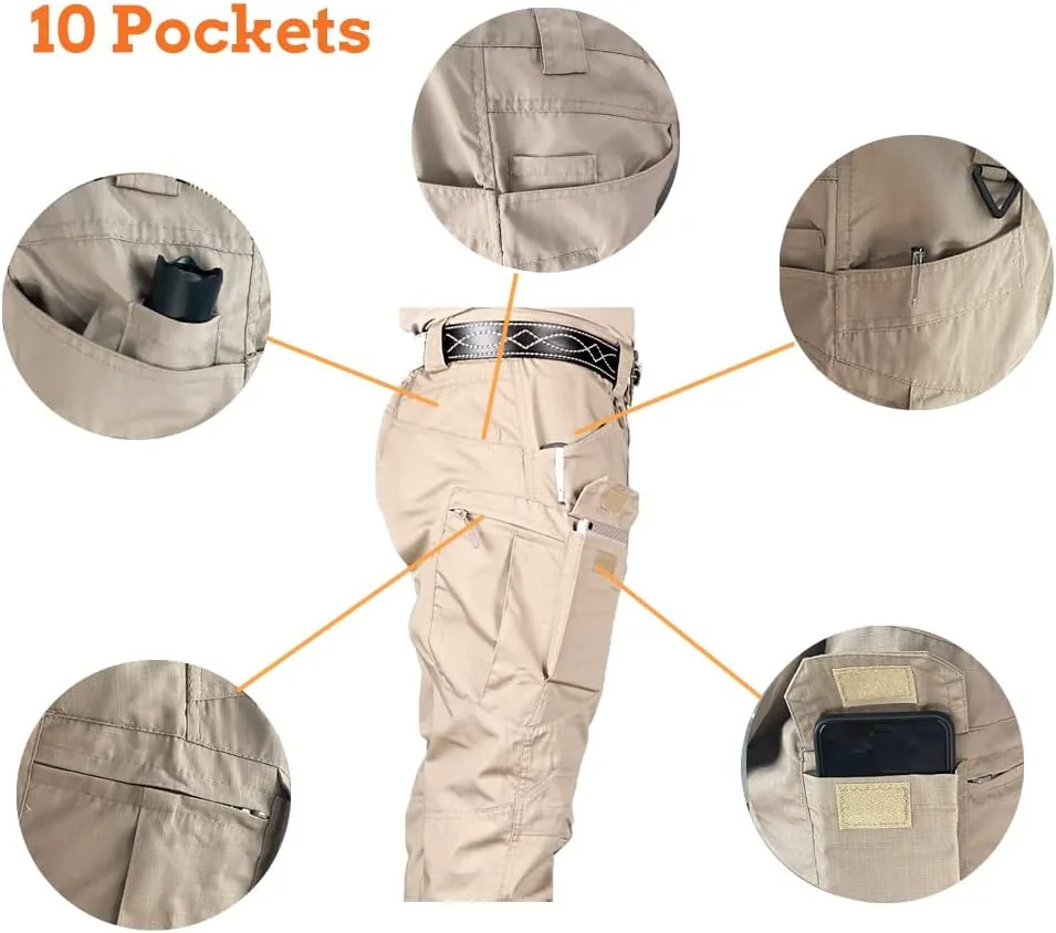 HYCOPROT Men's Hiking Pants Ripstop Water Repellent Lightweight Casual Cargo Pants Quick Dry Army 10 Pockets Work Trousers