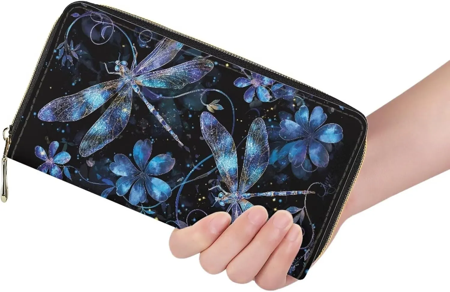 INSTANTARTS Aesthetic Dragonfly Wallets with Zip Women Around Clutch Purses PU Leather Long Cellphone Holder Money Card Organizer Pouch