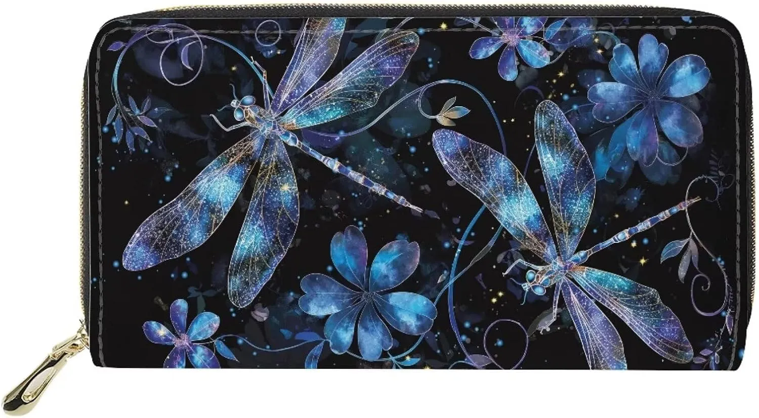 INSTANTARTS Aesthetic Dragonfly Wallets with Zip Women Around Clutch Purses PU Leather Long Cellphone Holder Money Card Organizer Pouch