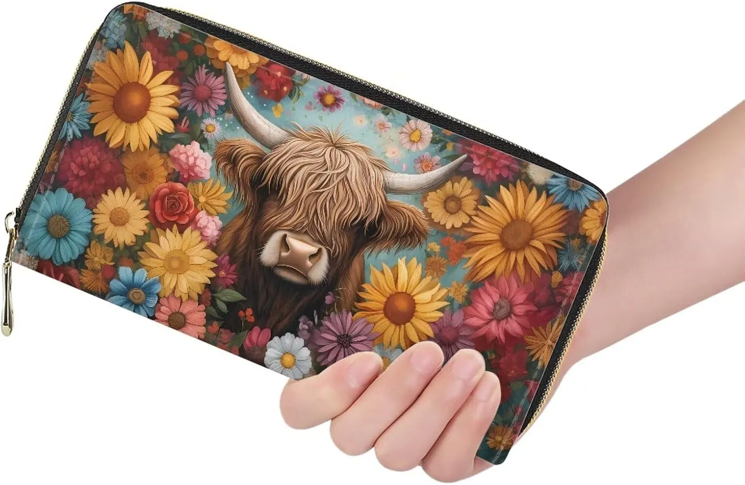INSTANTARTS Aesthetic Flower Highland Cow Wallet Womens Wallets Long Slim Card Phone Checkbook Holder with Zipper Clutch Purses