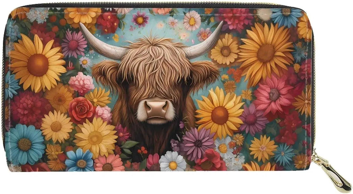 INSTANTARTS Aesthetic Flower Highland Cow Wallet Womens Wallets Long Slim Card Phone Checkbook Holder with Zipper Clutch Purses