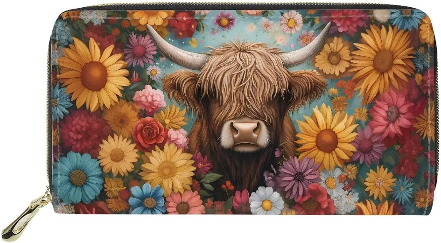 INSTANTARTS Aesthetic Flower Highland Cow Wallet Womens Wallets Long Slim Card Phone Checkbook Holder with Zipper Clutch Purses
