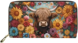 INSTANTARTS Aesthetic Flower Highland Cow Wallet Womens Wallets Long Slim Card Phone Checkbook Holder with Zipper Clutch Purses