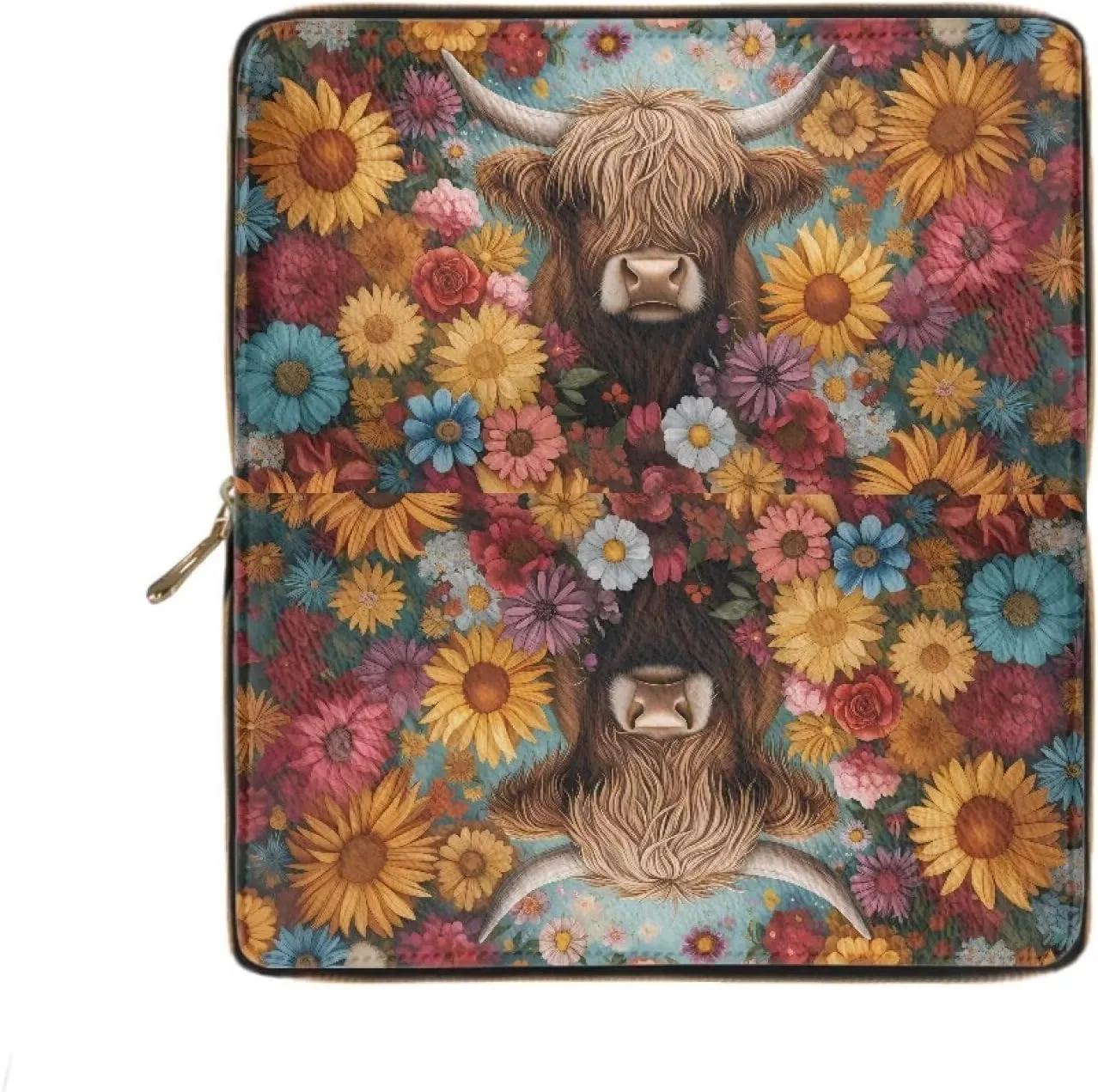 INSTANTARTS Aesthetic Flower Highland Cow Wallet Womens Wallets Long Slim Card Phone Checkbook Holder with Zipper Clutch Purses