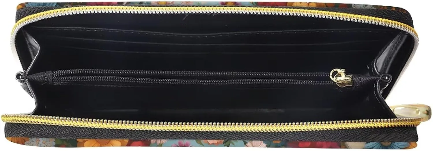 INSTANTARTS Aesthetic Flower Highland Cow Wallet Womens Wallets Long Slim Card Phone Checkbook Holder with Zipper Clutch Purses