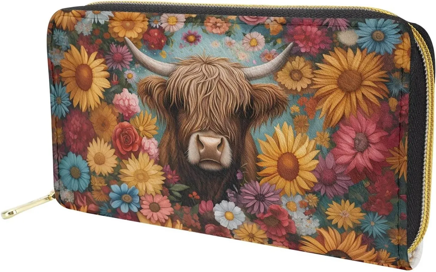 INSTANTARTS Aesthetic Flower Highland Cow Wallet Womens Wallets Long Slim Card Phone Checkbook Holder with Zipper Clutch Purses