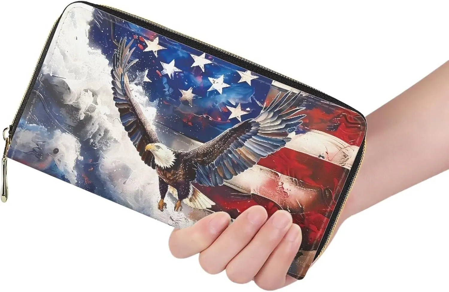 INSTANTARTS American Flag Eagle Wallet for Women Zipper PU Leather Coin Purse Clutch Long Money Organizer Card Pouch