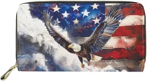 INSTANTARTS American Flag Eagle Wallet for Women Zipper PU Leather Coin Purse Clutch Long Money Organizer Card Pouch