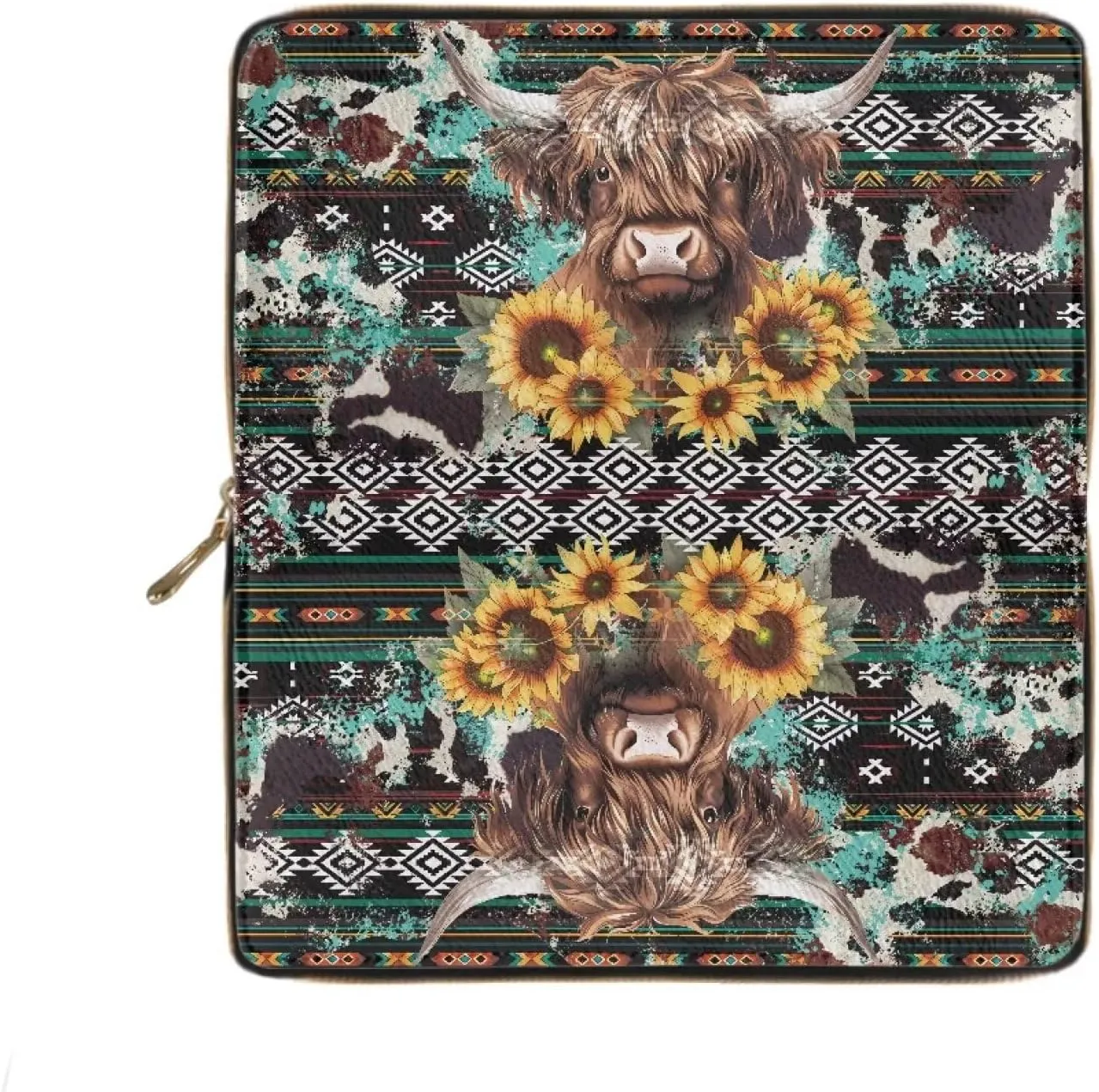 INSTANTARTS Aztec Sunflower Highland Cow PU Leather Wallets for Women Zip Around Clutch Purse Large Capacity Coin Pouch Card Money Organizer