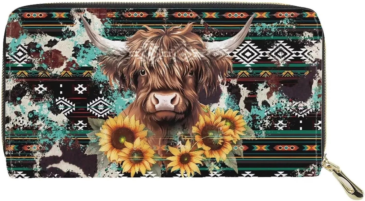 INSTANTARTS Aztec Sunflower Highland Cow PU Leather Wallets for Women Zip Around Clutch Purse Large Capacity Coin Pouch Card Money Organizer