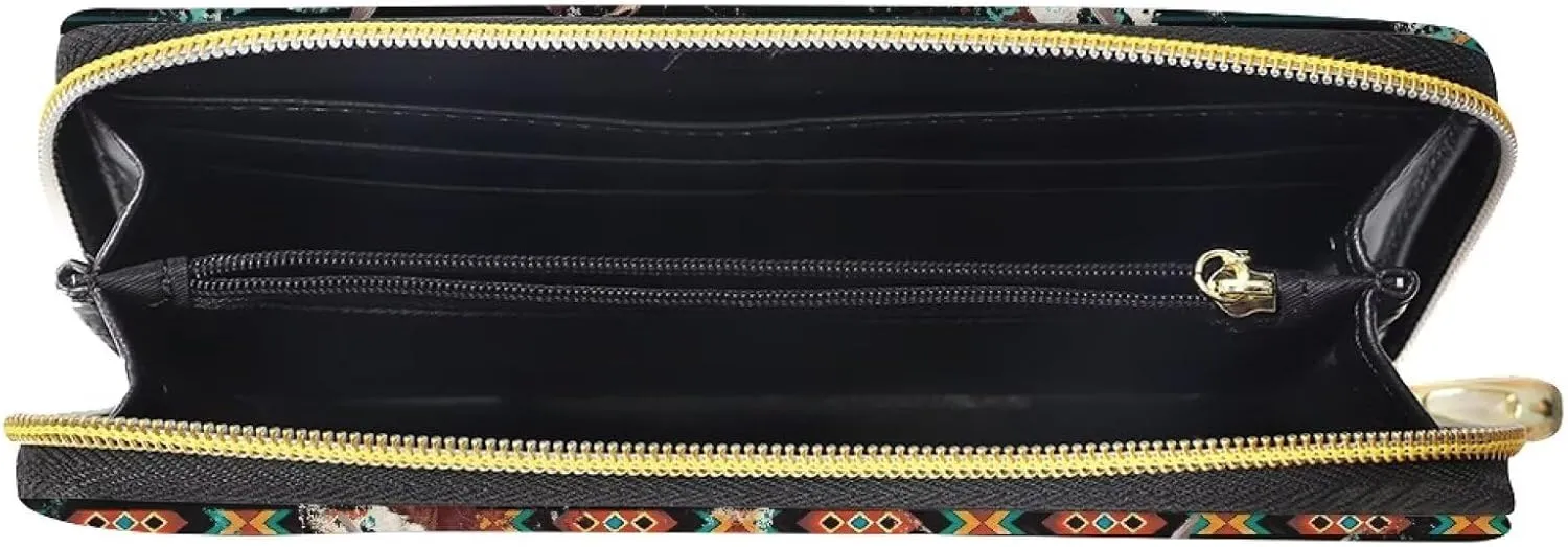 INSTANTARTS Aztec Sunflower Highland Cow PU Leather Wallets for Women Zip Around Clutch Purse Large Capacity Coin Pouch Card Money Organizer