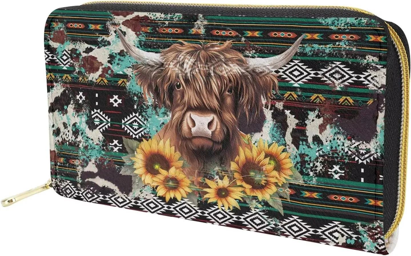 INSTANTARTS Aztec Sunflower Highland Cow PU Leather Wallets for Women Zip Around Clutch Purse Large Capacity Coin Pouch Card Money Organizer