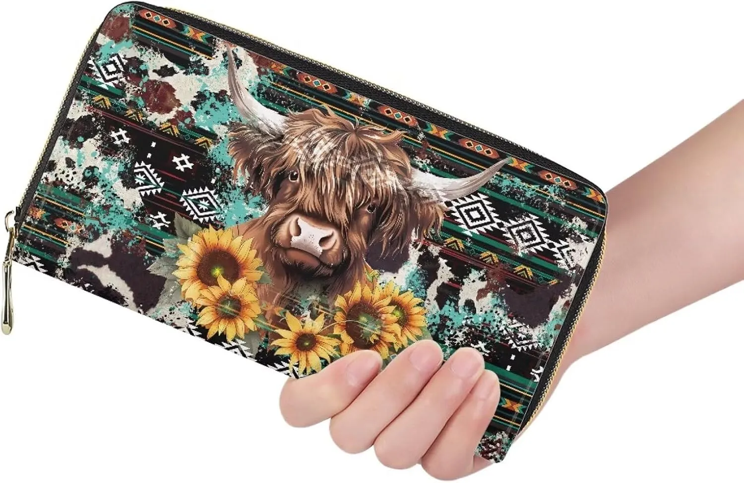 INSTANTARTS Aztec Sunflower Highland Cow PU Leather Wallets for Women Zip Around Clutch Purse Large Capacity Coin Pouch Card Money Organizer