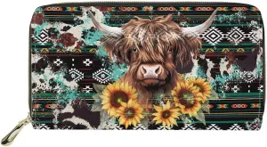 INSTANTARTS Aztec Sunflower Highland Cow PU Leather Wallets for Women Zip Around Clutch Purse Large Capacity Coin Pouch Card Money Organizer