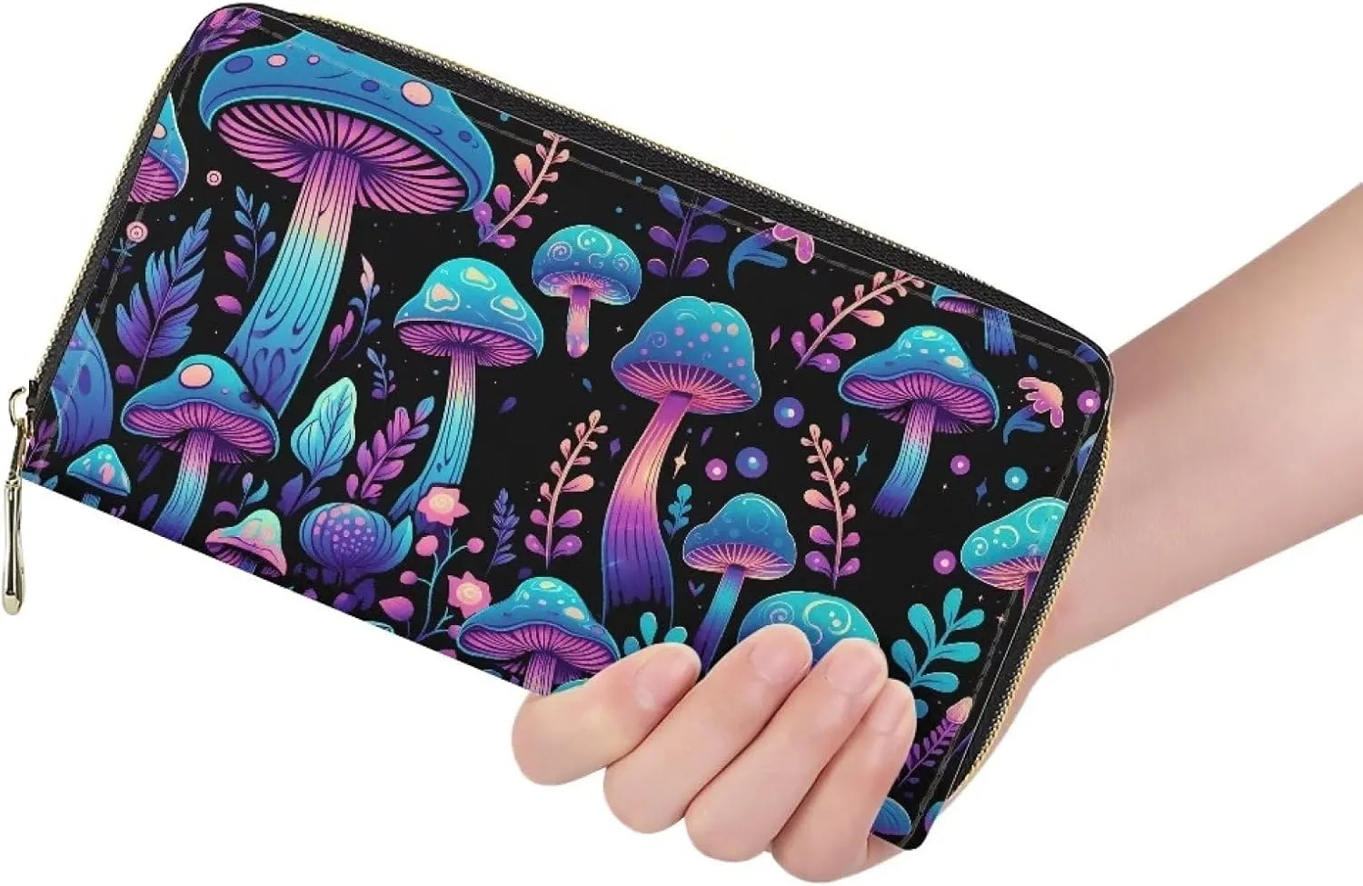INSTANTARTS Forest Blue Mushrooms Womens Wallets Slim Clutch Phone Purse PU Leather Zip Around Money Organizer for Travel Party Wedding