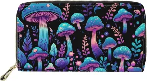 INSTANTARTS Forest Blue Mushrooms Womens Wallets Slim Clutch Phone Purse PU Leather Zip Around Money Organizer for Travel Party Wedding