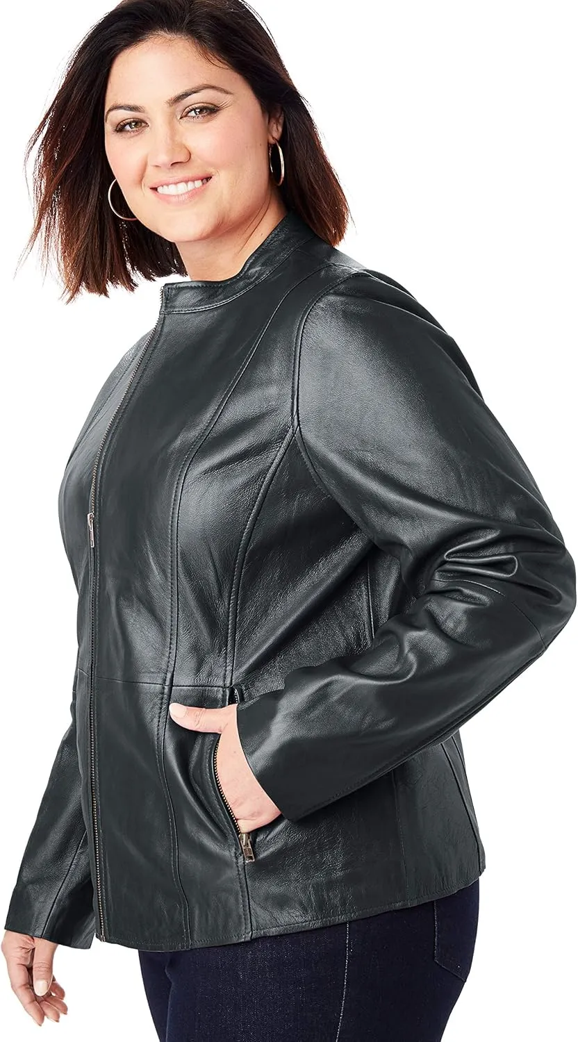 Jessica London Women's Plus Size Zip Front Leather Jacket