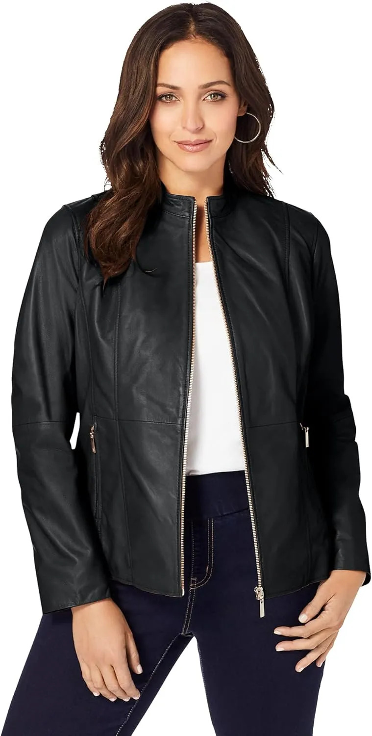 Jessica London Women's Plus Size Zip Front Leather Jacket