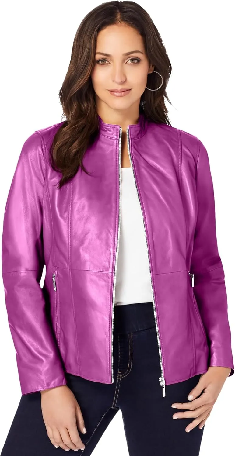 Jessica London Women's Plus Size Zip Front Leather Jacket
