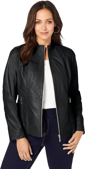 Jessica London Women's Plus Size Zip Front Leather Jacket