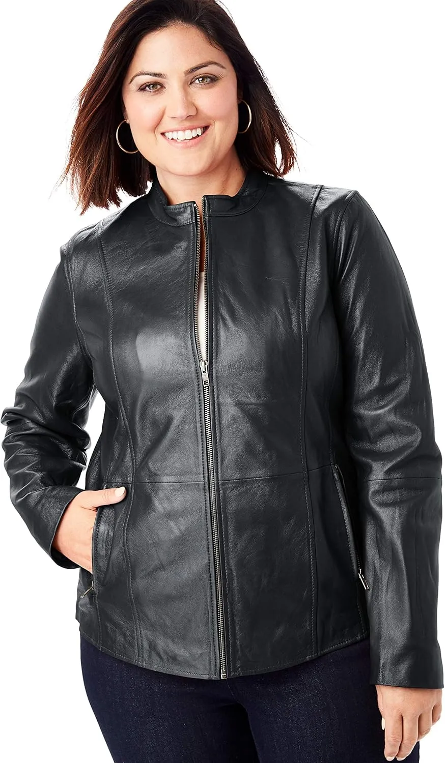 Jessica London Women's Plus Size Zip Front Leather Jacket