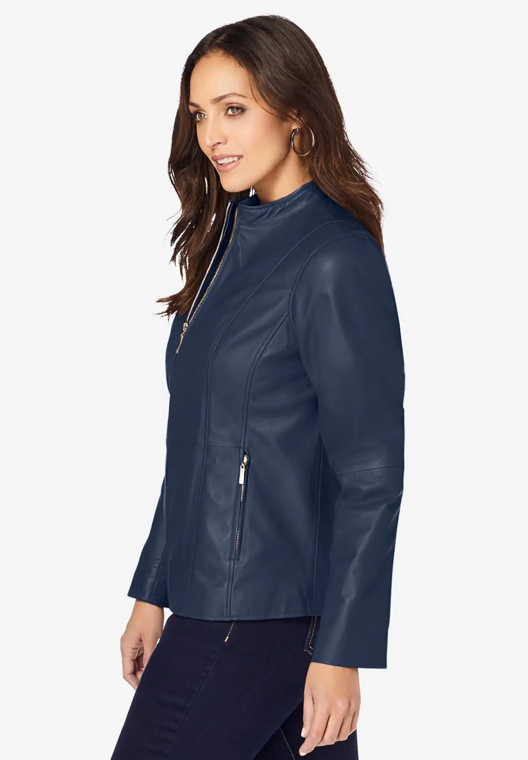 Jessica London Women's Plus Size Zip Front Leather Jacket