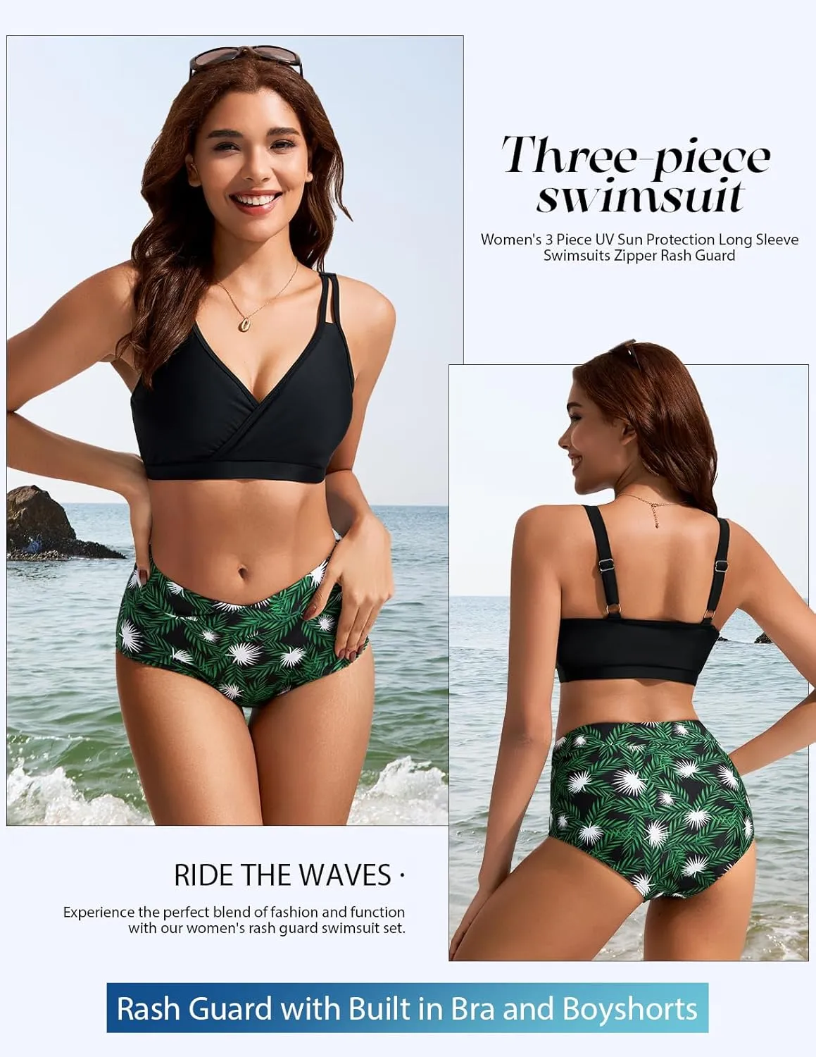 Kate Kasin Womens 3 Piece Rash Guard UPF 50  Long Sleeve Swimsuits Zip Up Surfing Bathing Suits with Built in Bra Short