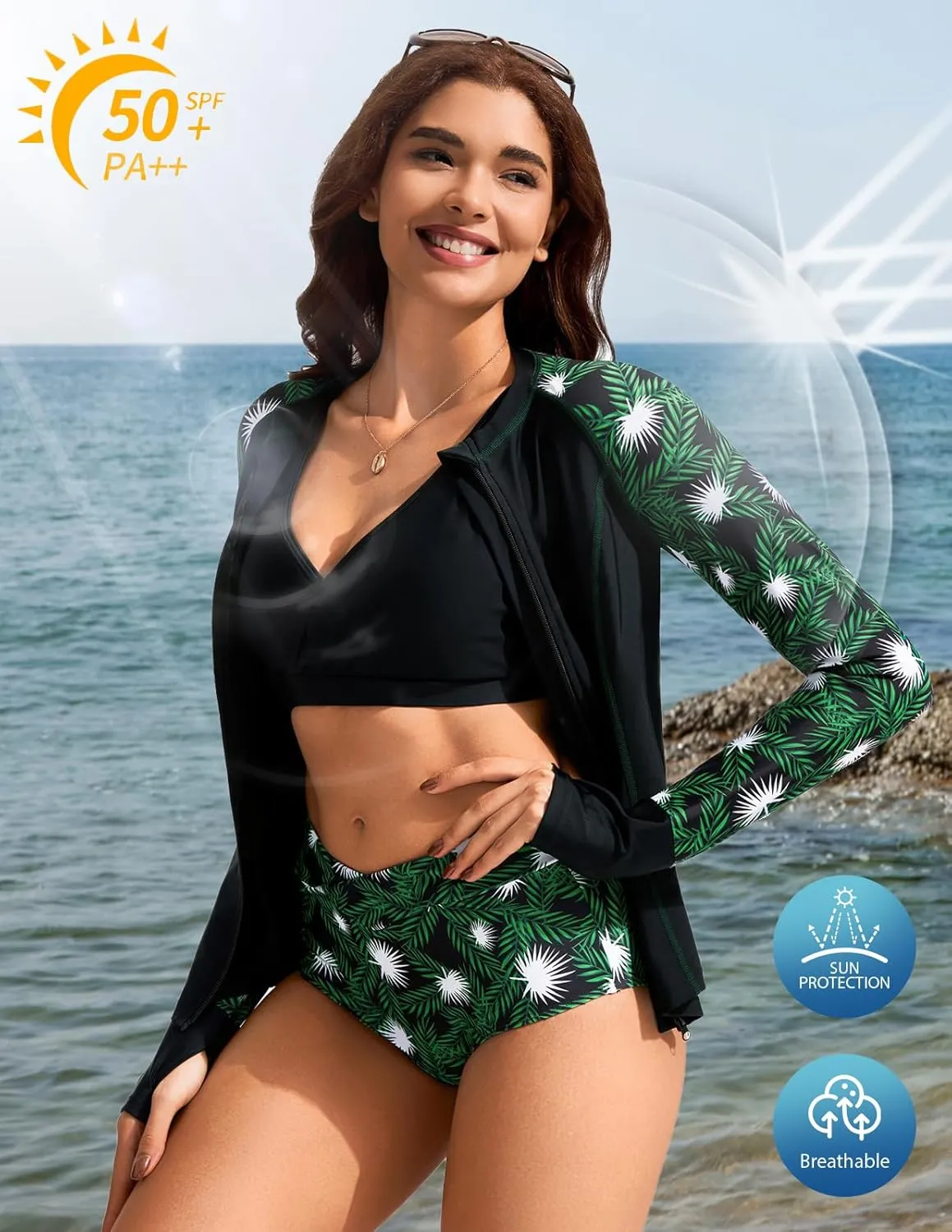 Kate Kasin Womens 3 Piece Rash Guard UPF 50  Long Sleeve Swimsuits Zip Up Surfing Bathing Suits with Built in Bra Short