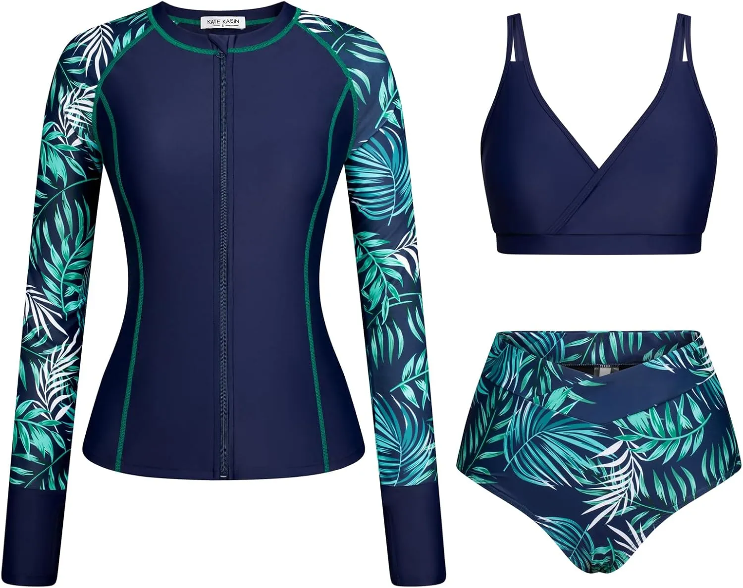 Kate Kasin Womens 3 Piece Rash Guard UPF 50  Long Sleeve Swimsuits Zip Up Surfing Bathing Suits with Built in Bra Short