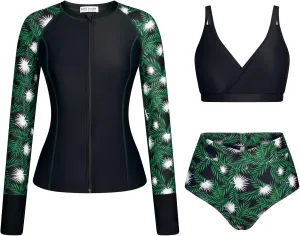 Kate Kasin Womens 3 Piece Rash Guard UPF 50  Long Sleeve Swimsuits Zip Up Surfing Bathing Suits with Built in Bra Short