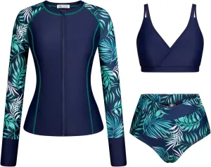 Kate Kasin Womens 3 Piece Rash Guard UPF 50  Long Sleeve Swimsuits Zip Up Surfing Bathing Suits with Built in Bra Short