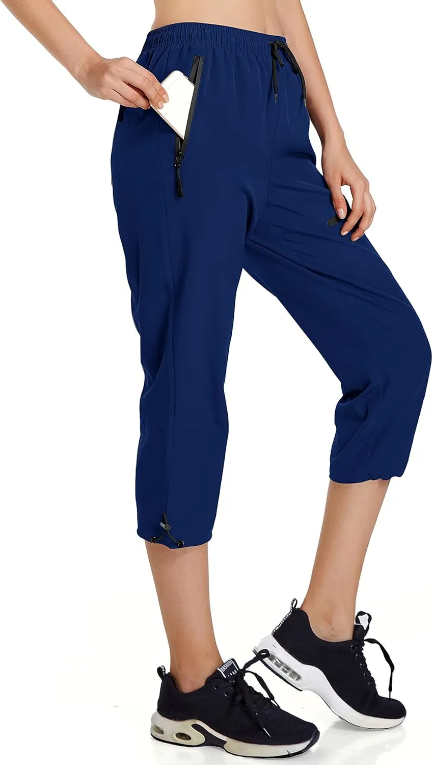 Ksmien Women's Lightweight Hiking Capri Pants Quick Dry Workout Cargo Capris Water Resistant UPF 50  Zipped Pockets