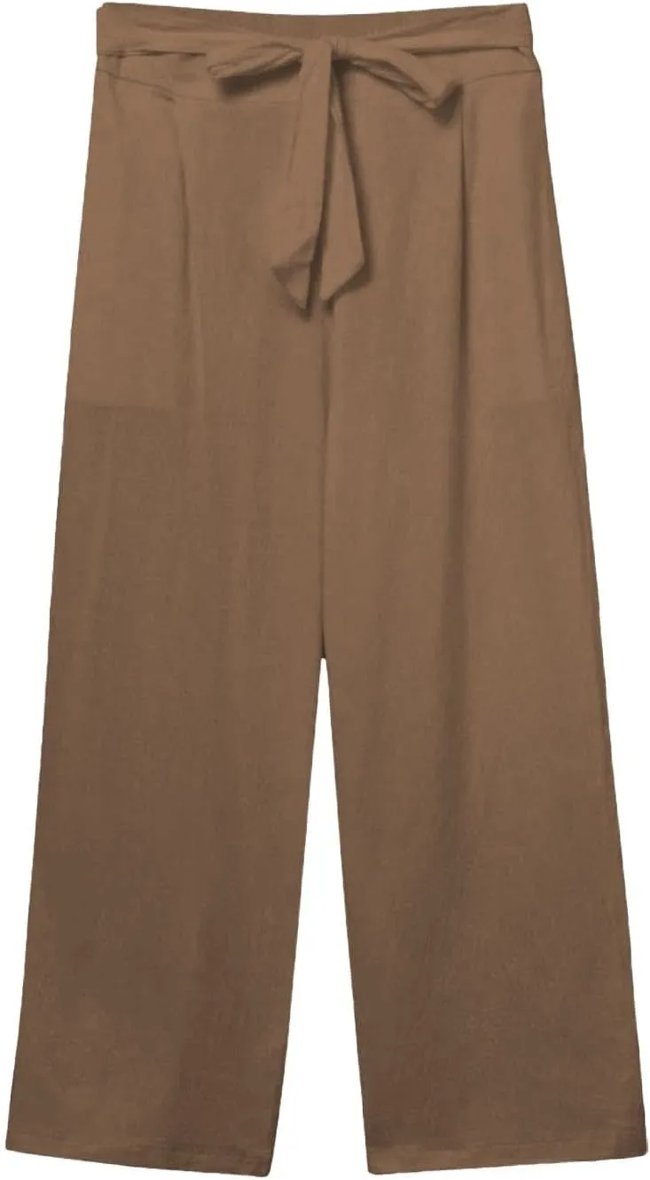 Kubbon Womens Capri Pants Cotton Linen Summer Straight Leg Pants Tie Knot High Waist Pant Cropped Trousers with Pockets