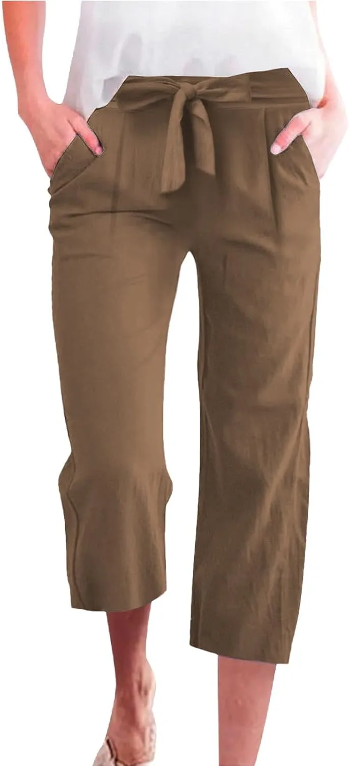Kubbon Womens Capri Pants Cotton Linen Summer Straight Leg Pants Tie Knot High Waist Pant Cropped Trousers with Pockets
