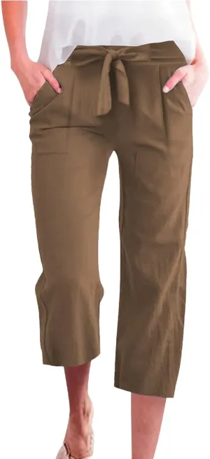 Kubbon Womens Capri Pants Cotton Linen Summer Straight Leg Pants Tie Knot High Waist Pant Cropped Trousers with Pockets