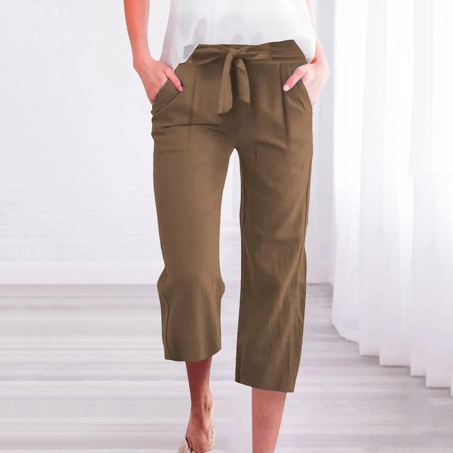Kubbon Womens Capri Pants Cotton Linen Summer Straight Leg Pants Tie Knot High Waist Pant Cropped Trousers with Pockets