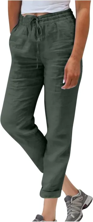 Ladies Solid Color Summer Trousers Cotton and Linen Loose Drawstring Casual Pants High Waist Wide Leg Pant for Lounge