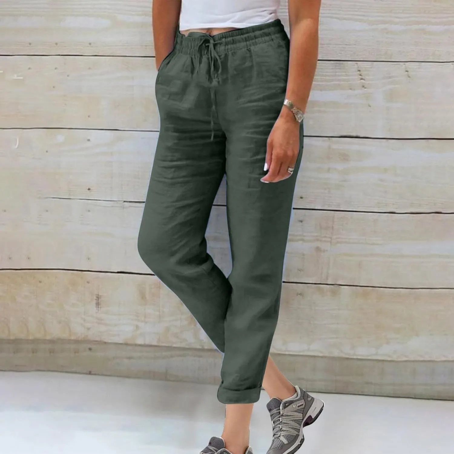 Ladies Solid Color Summer Trousers Cotton and Linen Loose Drawstring Casual Pants High Waist Wide Leg Pant for Lounge