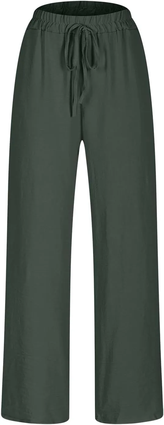 Ladies Solid Color Summer Trousers Cotton and Linen Loose Drawstring Casual Pants High Waist Wide Leg Pant for Lounge