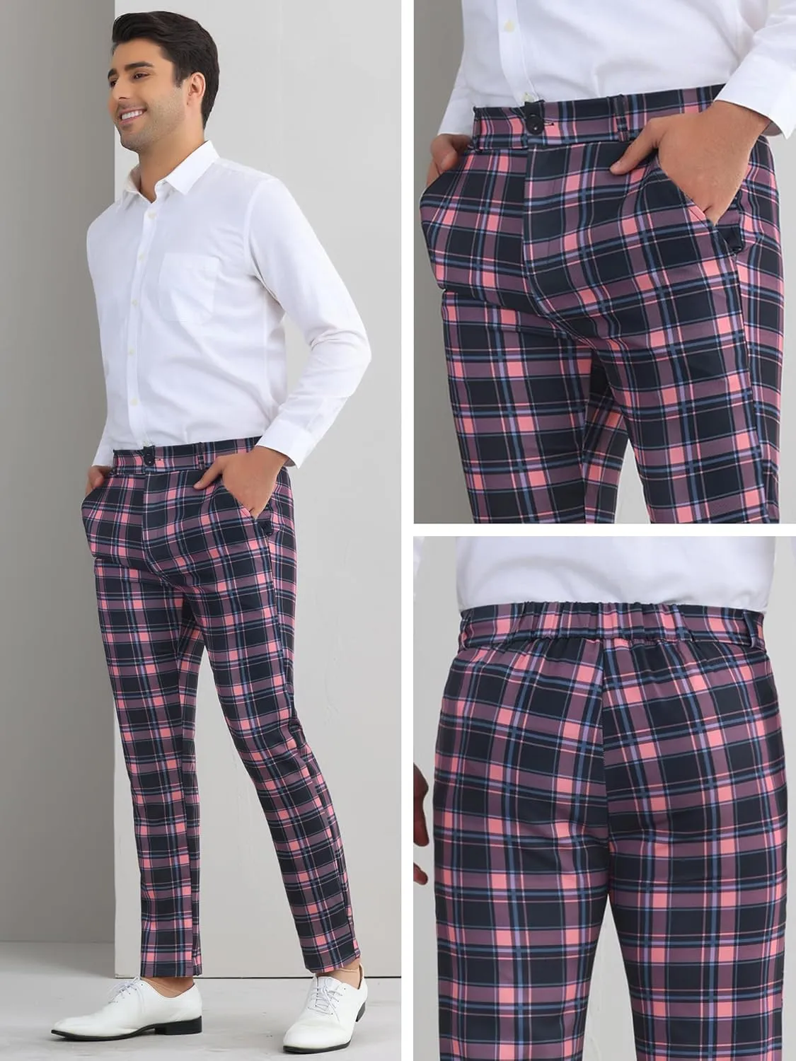 Lars Amadeus Men's Plaid Dress Pants Casual Slim Fit Checkered Business Trousers
