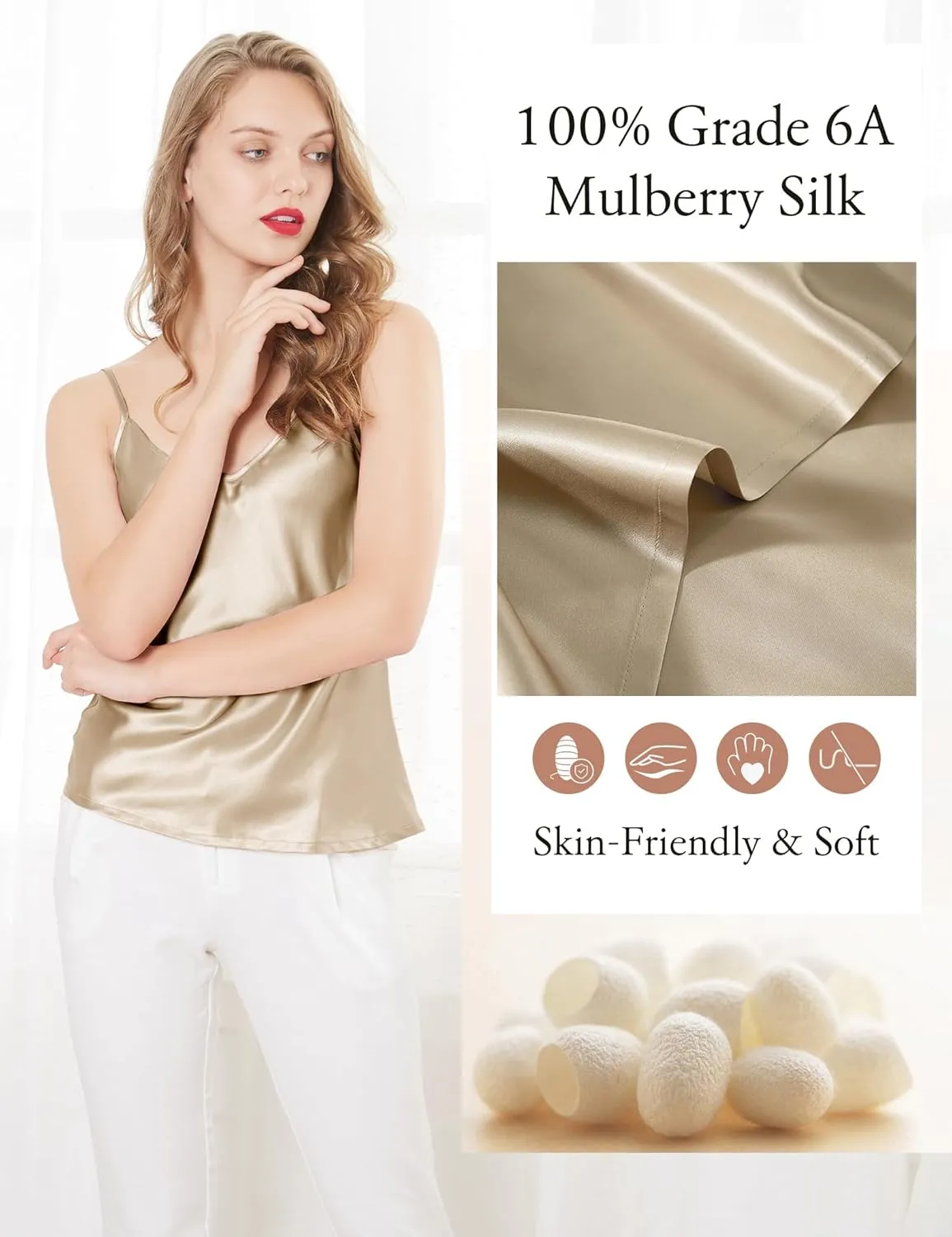 LilySilk Womens Silk Camisole 100% 19MM Mulberry Silk Basic Tank Tops Summer Casual Classic Top Loose