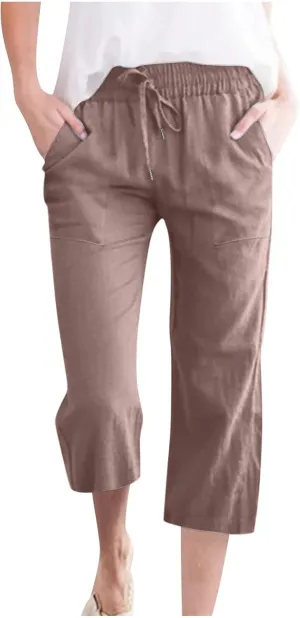 Linen Capri Pants for Women Casual 2024 Summer Drawstring Elastic High Waist Pant Wide Leg Cropped Trouser with Pockets