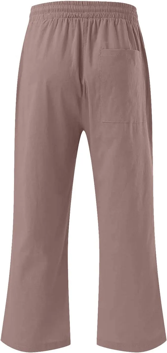 Linen Capri Pants for Women Casual 2024 Summer Drawstring Elastic High Waist Pant Wide Leg Cropped Trouser with Pockets