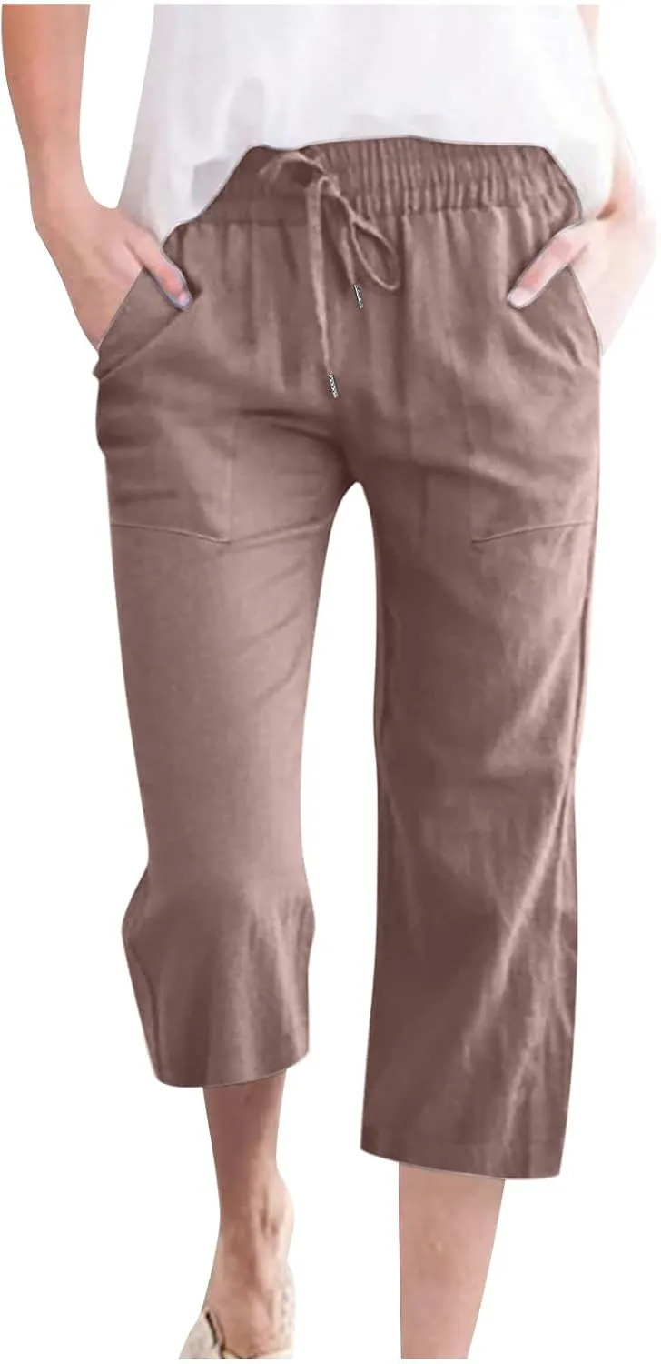 Linen Capri Pants for Women Casual 2024 Summer Drawstring Elastic High Waist Pant Wide Leg Cropped Trouser with Pockets